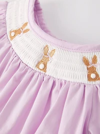 Girls Easter Bunny Smocking Embroidered Lace Cuff Purple