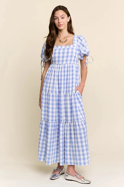 Checkers Puff Sleve Dress