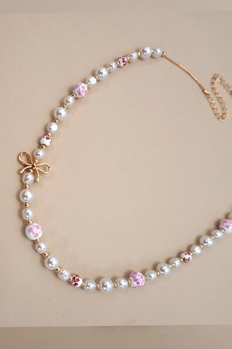 PINK CERAMIC PORCELAIN PEARL BOW NECKLACE