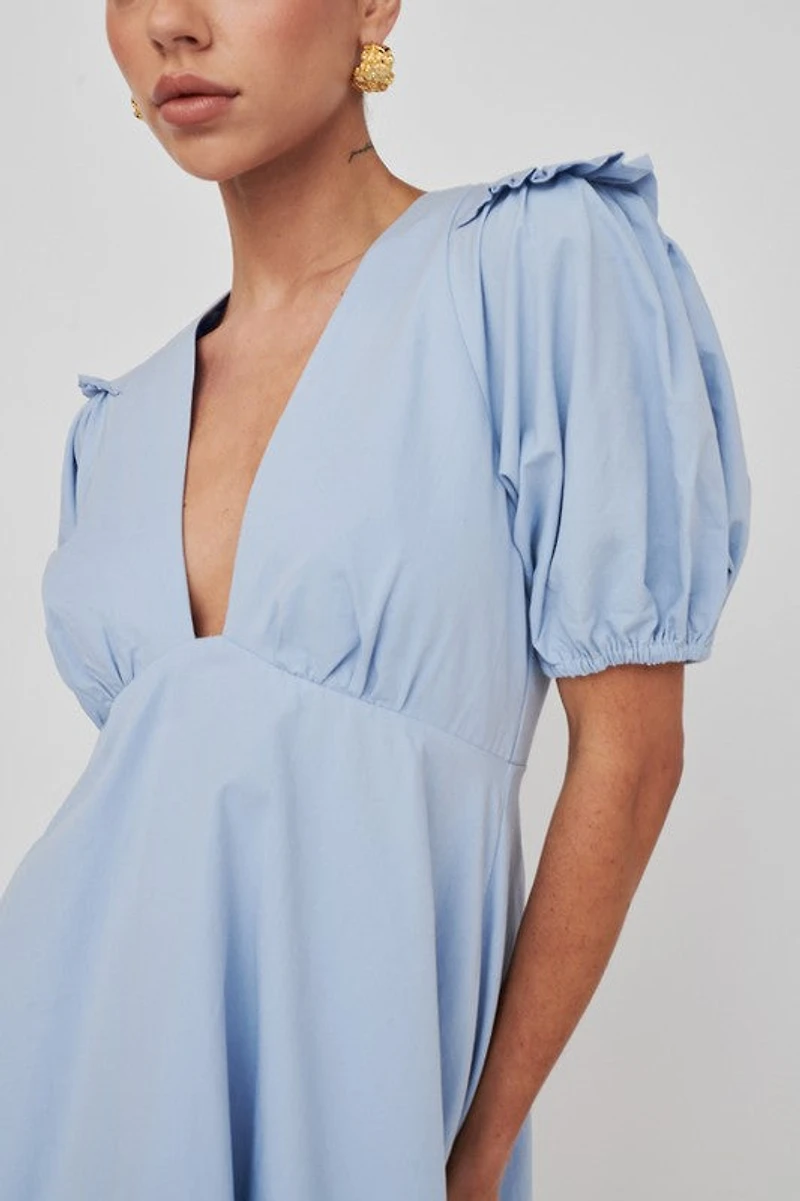 Blue Plunge Ruffle Sleeve Dress
