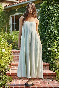 White Striped Cami Pintuck Midi Dress