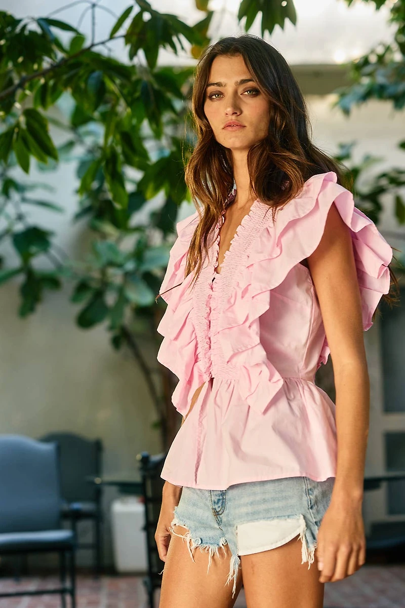 Pink Ruffle Smocked Peplum Blouse