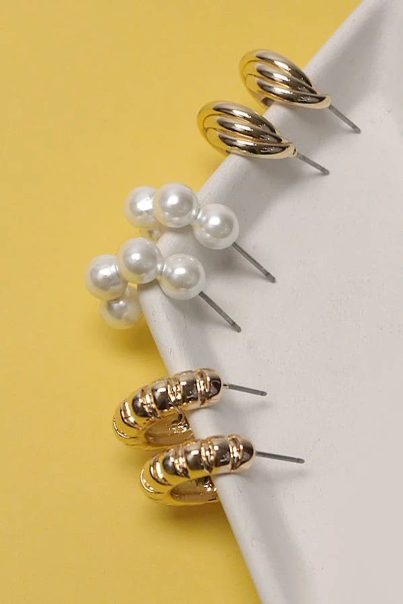 TWISTED HOOP PEARL EAR HUGGIE TRIO