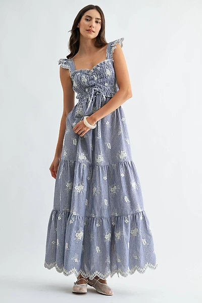 Blue Embroidered Striped Maxi Dress