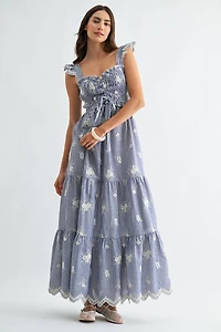 Blue Embroidered Striped Maxi Dress
