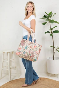 Tan Bird Reversible Quilted Tote Bag