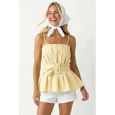 Yellow Buckle Pleated Sleeveless Top