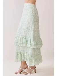 Green Floral Tiered Ruffle Maxi Skirt