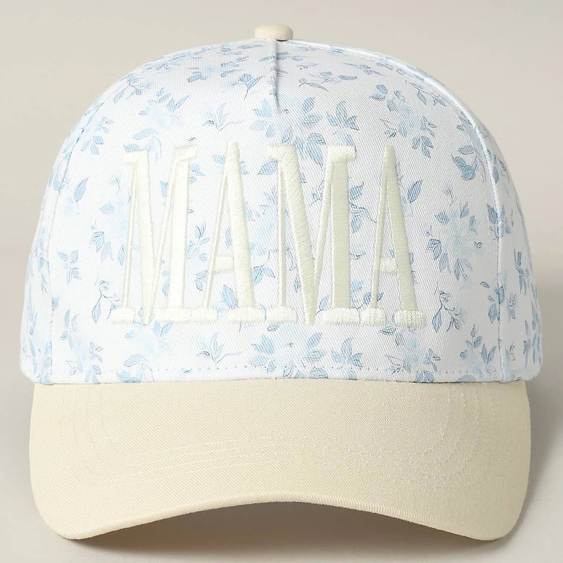 Mama Blue & Beige Embroidered Flower Hat