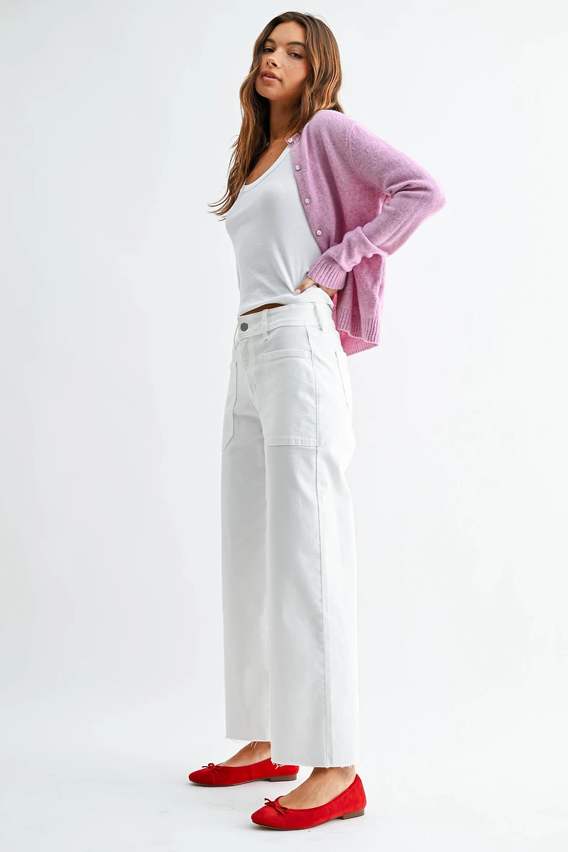 White Stretch Twill Utility Wide Leg