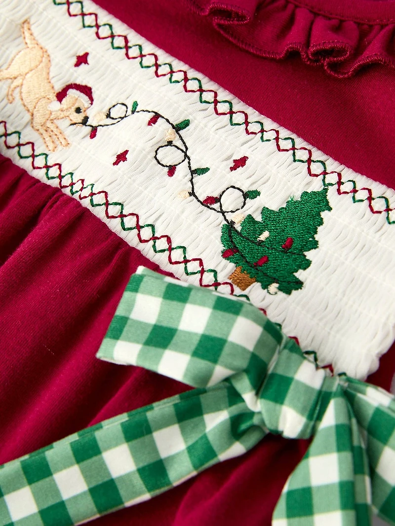 Christmas Embroidered Baby Girls Romper with Green Plaid Bow