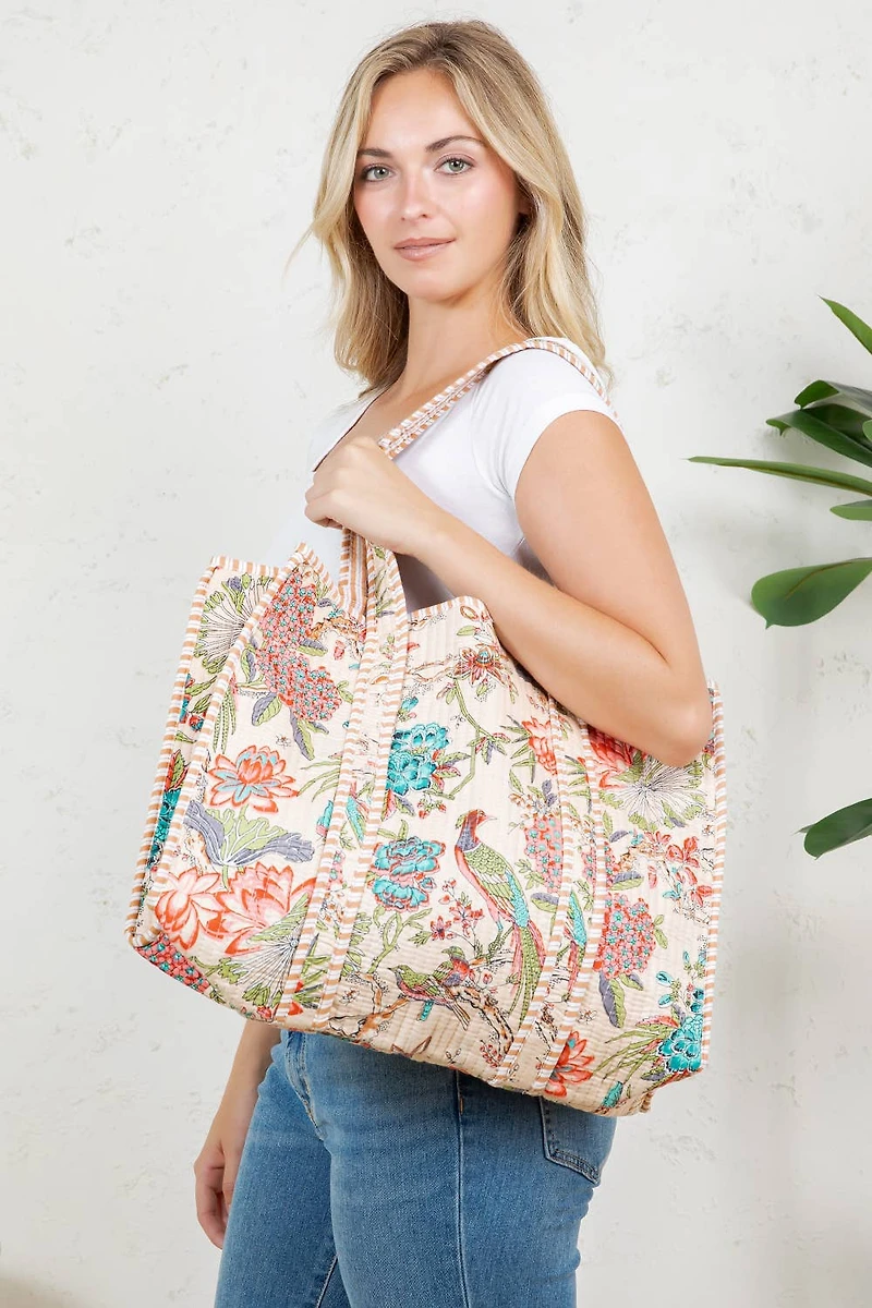 Tan Bird Reversible Quilted Tote Bag