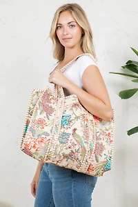 Tan Bird Reversible Quilted Tote Bag