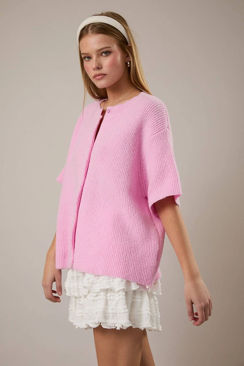Pink Shortsleeve Ribbed Sweater Cardigan