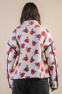 White Floral Printed Fleece Sherpa Jacket
