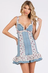 Pink Floral Denim W/ Lace Ruffle Mini Dress