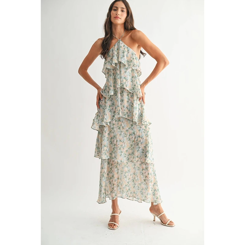 Green Floral Ruffle Tiered Maxi Dress