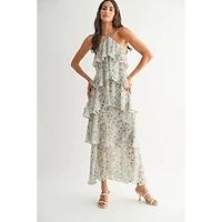 Green Floral Ruffle Tiered Maxi Dress