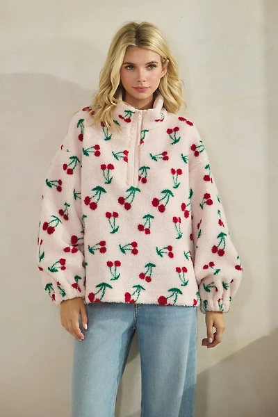 Cherry Printed Quarter Zip Sweater