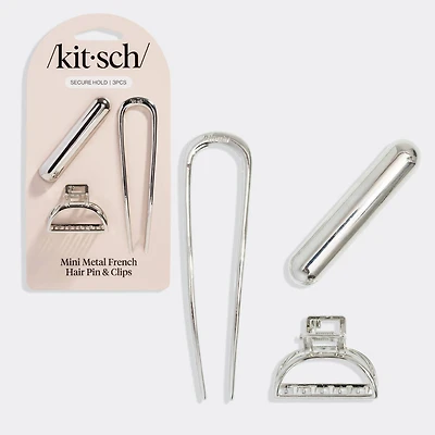 Mini Metal French Hair Pin & Clips 3pc Set - Silver