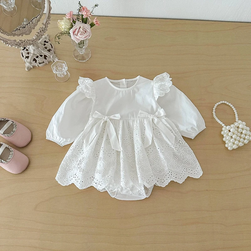 White Lace Baby Romper Dress with Bow Detail
