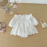 White Lace Baby Romper Dress with Bow Detail