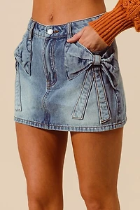 Bow Knot Pocket Denim Mini Skirt