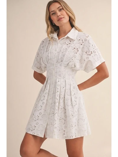 White Eyelet Pleated Mini Dress