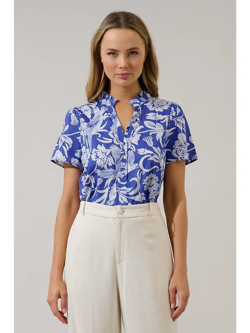 Blue Floral Split Neck Ruffle Top