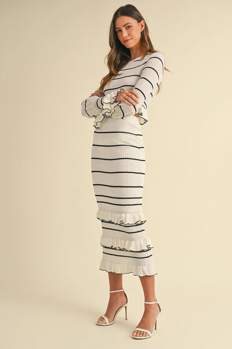 Cream Stripe Ruffle Skirt Set