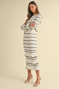 Cream Stripe Ruffle Skirt Set