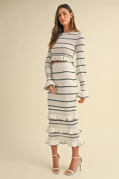 Cream Stripe Ruffle Skirt Set