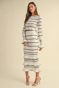 Cream Stripe Ruffle Skirt Set