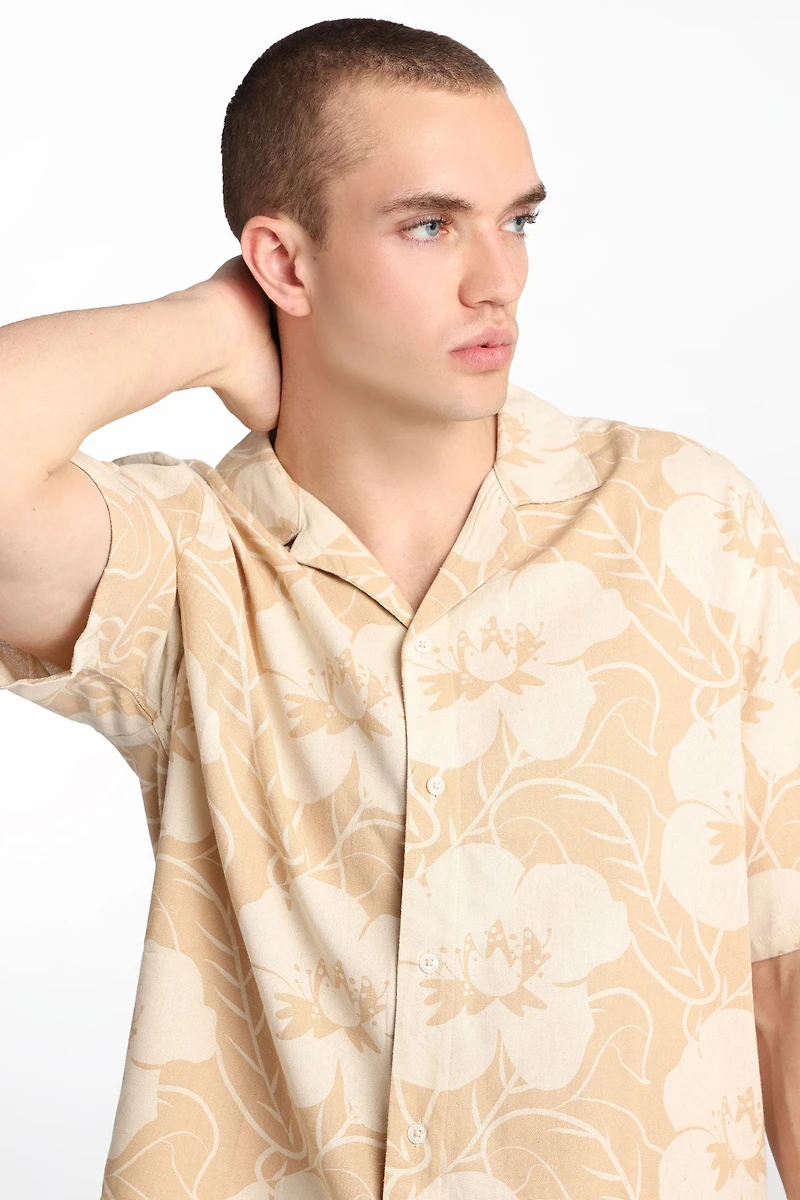 Linen-Blend Floral Button-Up Shirt