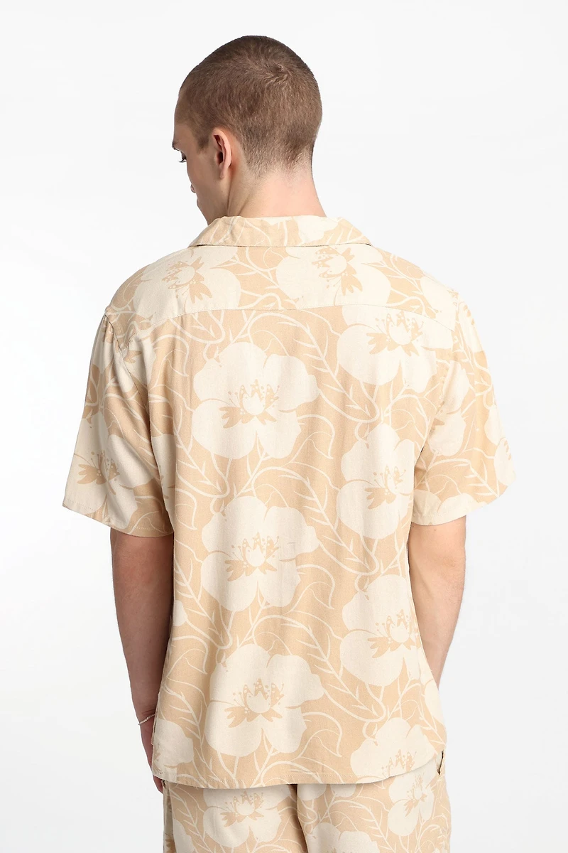 Linen-Blend Floral Button-Up Shirt