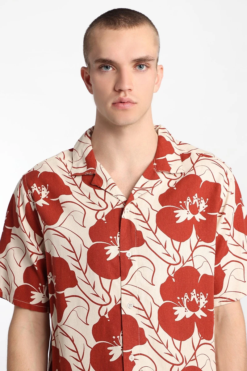 Linen-Blend Floral Button-Up Shirt