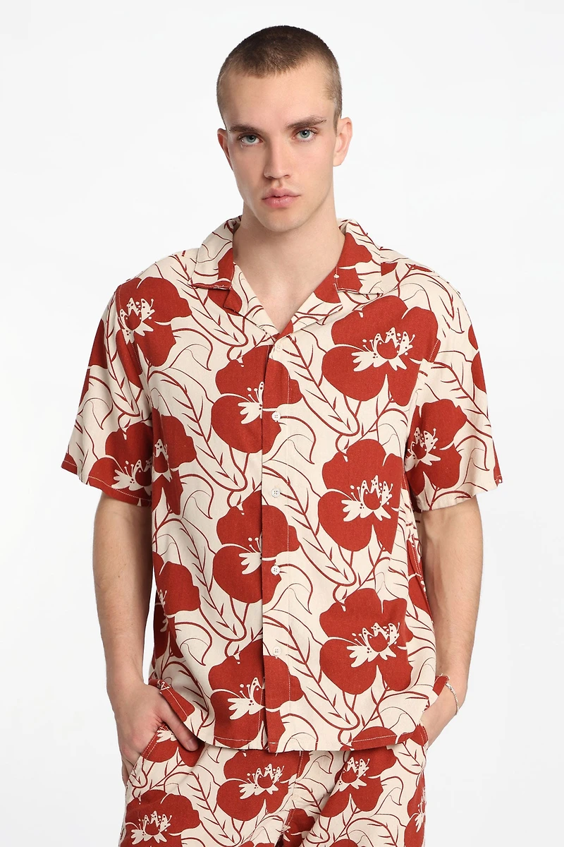 Linen-Blend Floral Button-Up Shirt