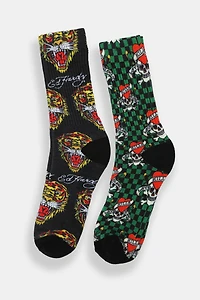 Ed Hardy Mens Tigers & Skulls Crew Socks 2-Pack