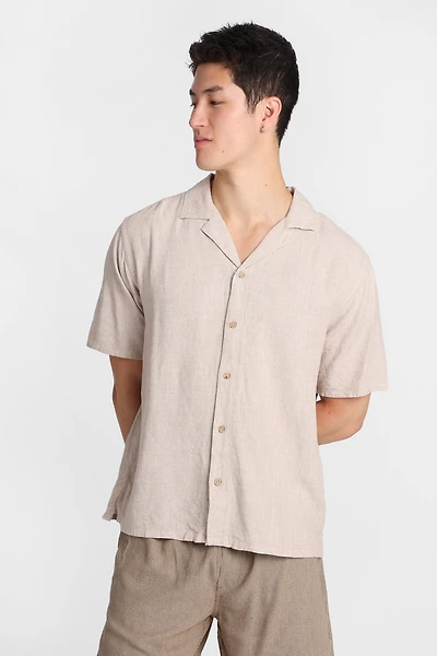 Linen-Blend Short Sleeve Button-Up Shirt