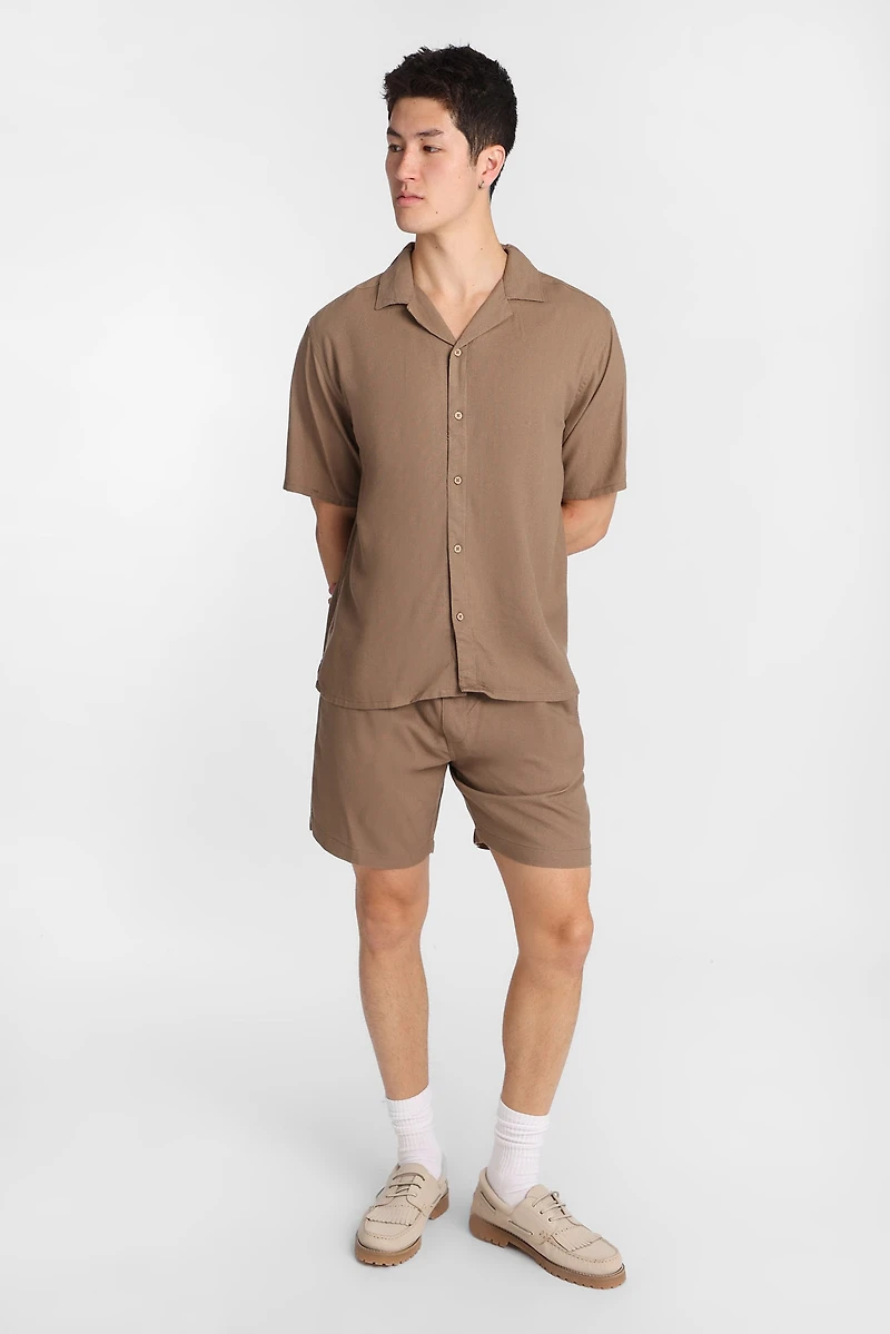 Linen-Blend Short Sleeve Button-Up Shirt