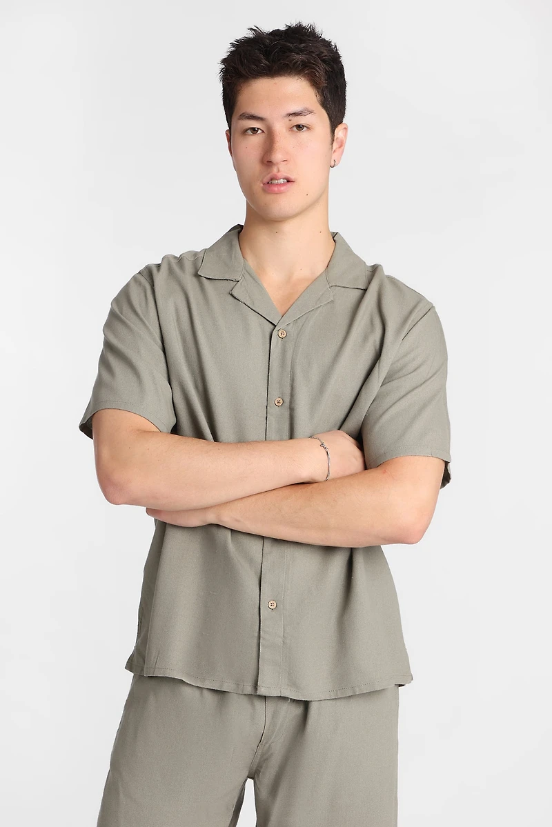 Linen-Blend Short Sleeve Button-Up Shirt