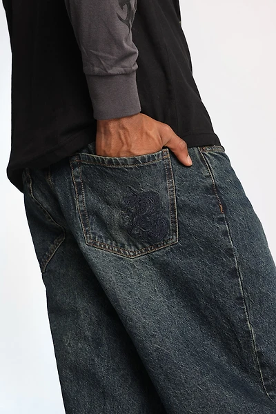 Embroidered Dark Stonewash Baggy Jeans