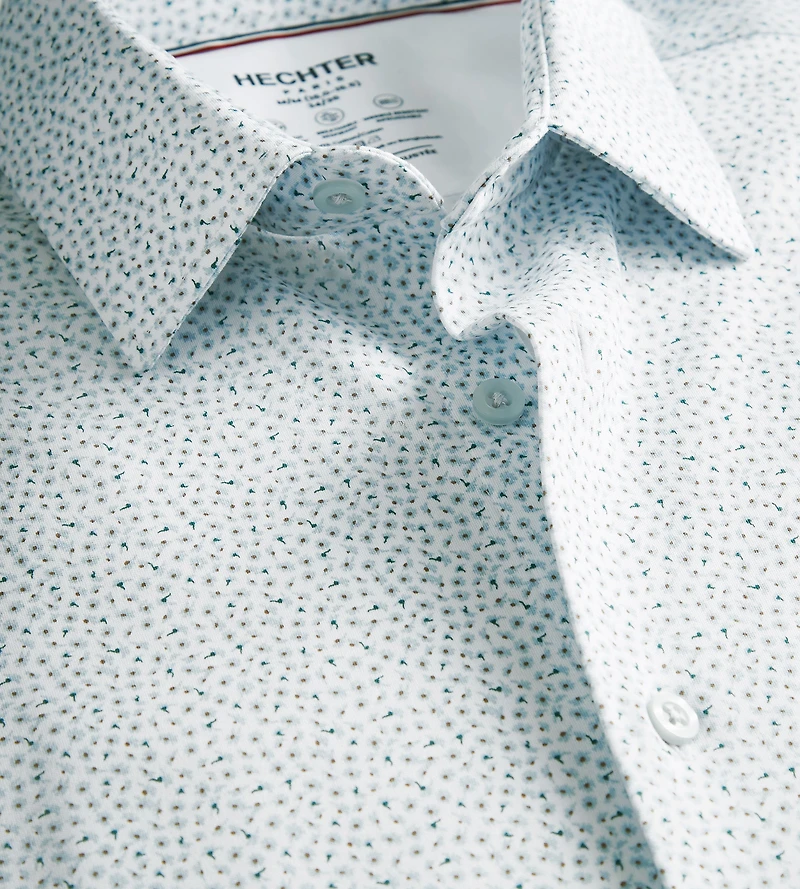 Chemise habillée en maille florale extensible à 360°, coupe ajustée, sans repassage, douce au toucher et l'effet slim.