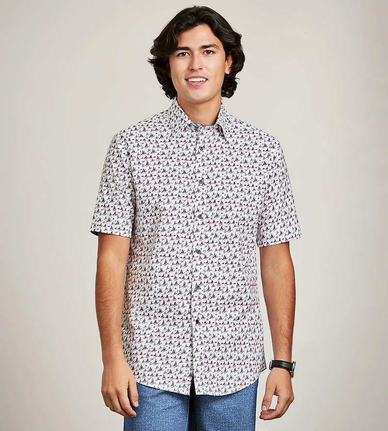 Modern Fit Short Sleeve Soft Touch Stretch Boat Print Casual Shirt
