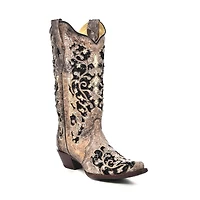 Women's A3569 Black Glitter Inlay with Crystals and Studs Snip Toe Cowboy Boots Brown