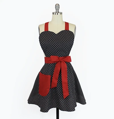 Retro Vintage Inspired Black And Red Polka Dots Pinup 1950s Apron