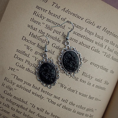 Handmade Black Rose Cameo Earrings