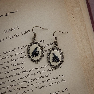 Handmade Crow Cameo Earrings