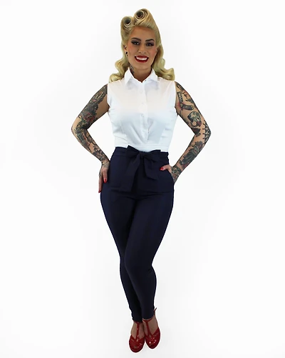 Tie Waist Navy High Cigarette Pants