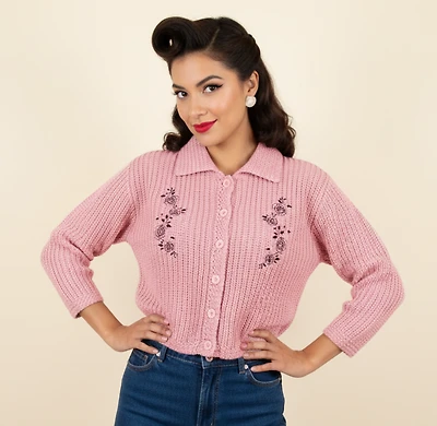 Pink Embroidered Floral Cardigan Sweater